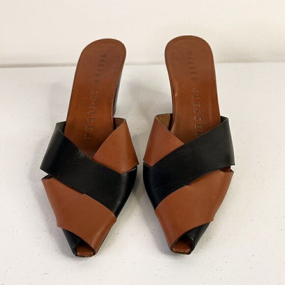Walter Steiger Brown & Black Leather Block Heel Pointed Toe Sandals - Picture 2 of 5